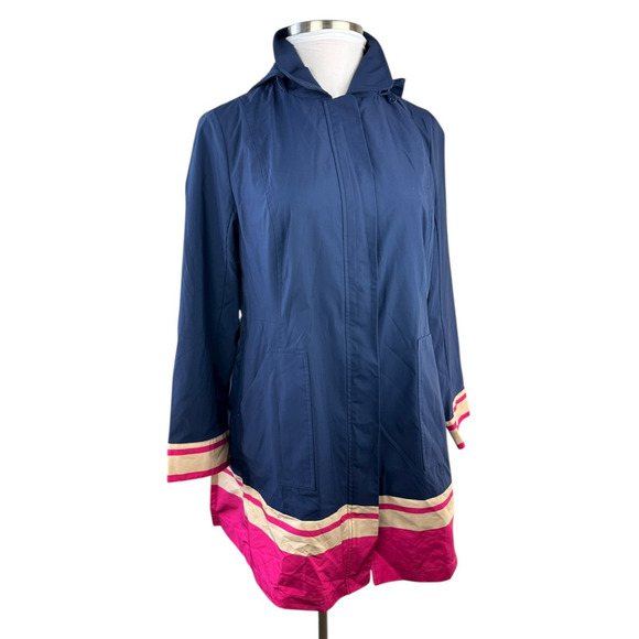 Chico's Hooded Rain Jacket Pleated Back Striped Hem Full Zip Navy Sz 2 US 12/14 - Picture 15 of 15